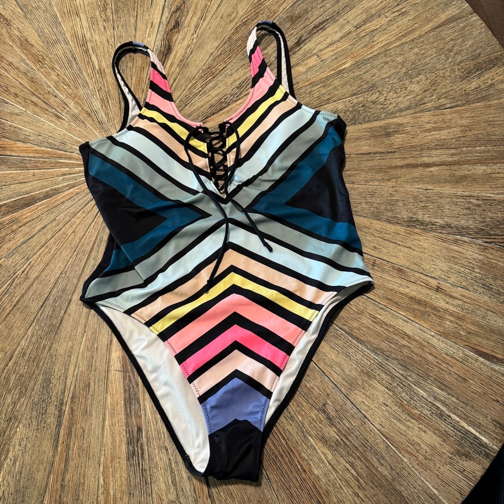 Victoria’s Secret Pink lace up swimsuit medium high cut leg one piece rainbow